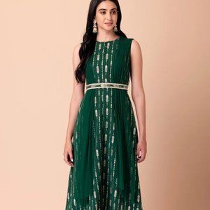 Indian Wedding Guest Dress Emerald Foil Draped Kurta With Belt
